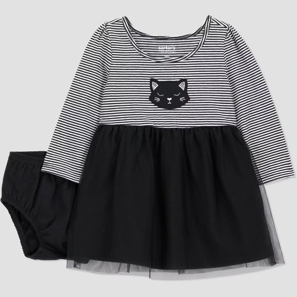 Carter's 3 Months Baby Girl Halloween Cat Tutu Dress Set Stripe Pink Black Cute - Picture 1 of 4
